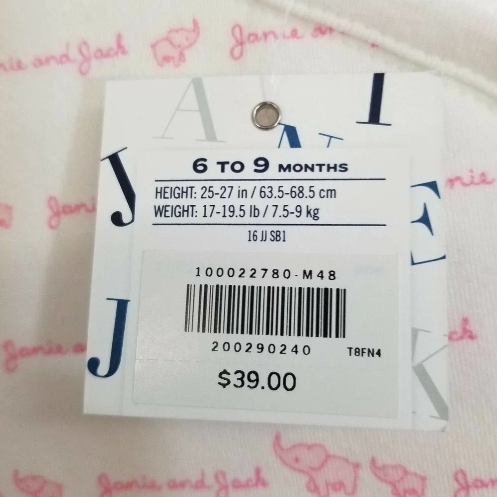 Janie & Jack Pink White Elephants Logo Footie Pajamas Sleeper 6-9 Months NWT